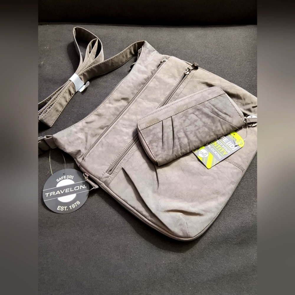 Vintage Travelon RFID Blocking Expandable Crossbody Bag & Wallet with Tags-Gray